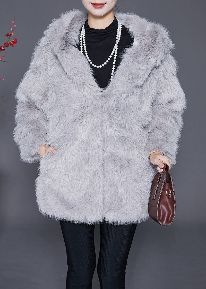 Femmes Gris Clair À Capuche Chaud Fausse Fourrure Vestes Hiver - Manteaux d'hiver femmes