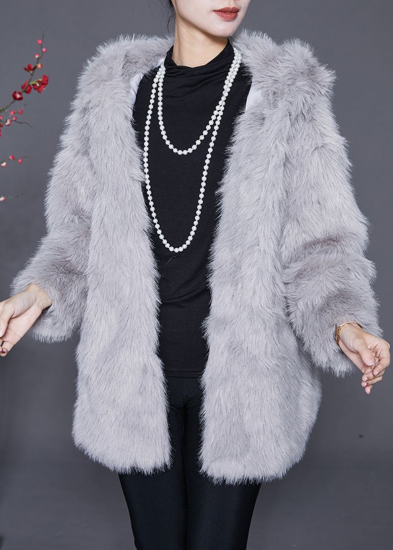 Femmes Gris Clair À Capuche Chaud Fausse Fourrure Vestes Hiver - Manteaux d'hiver femmes