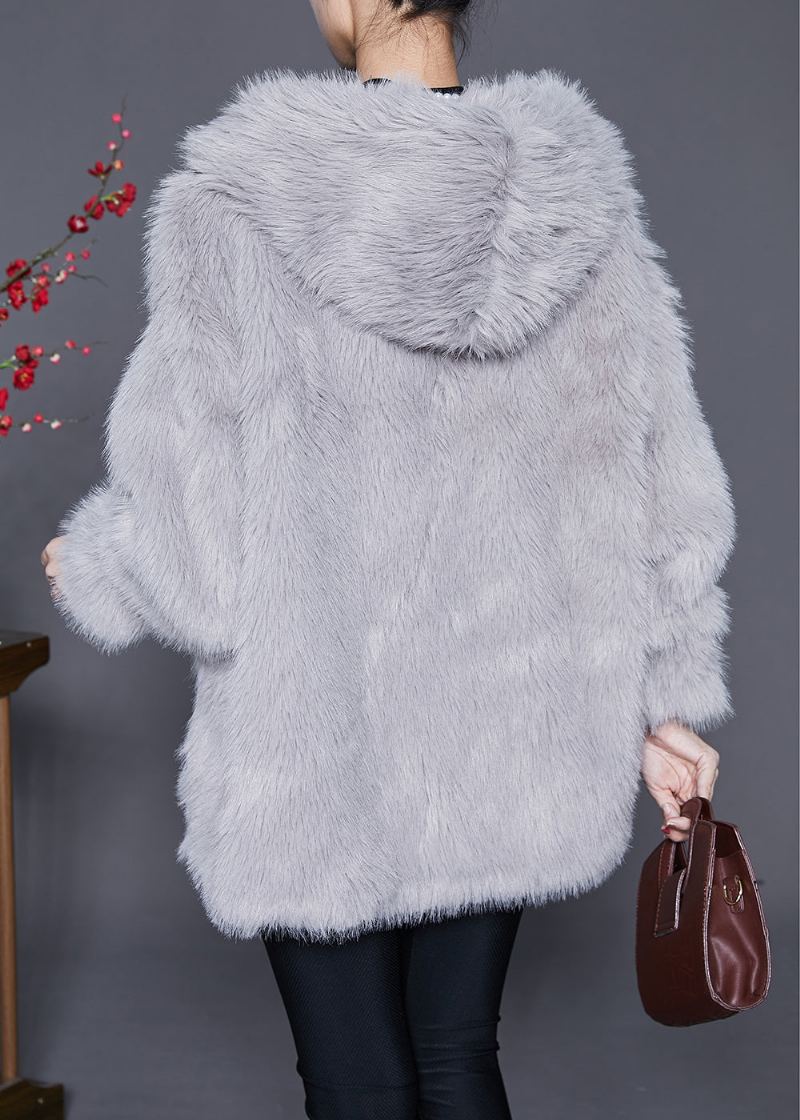 Femmes Gris Clair À Capuche Chaud Fausse Fourrure Vestes Hiver - Manteaux d'hiver femmes