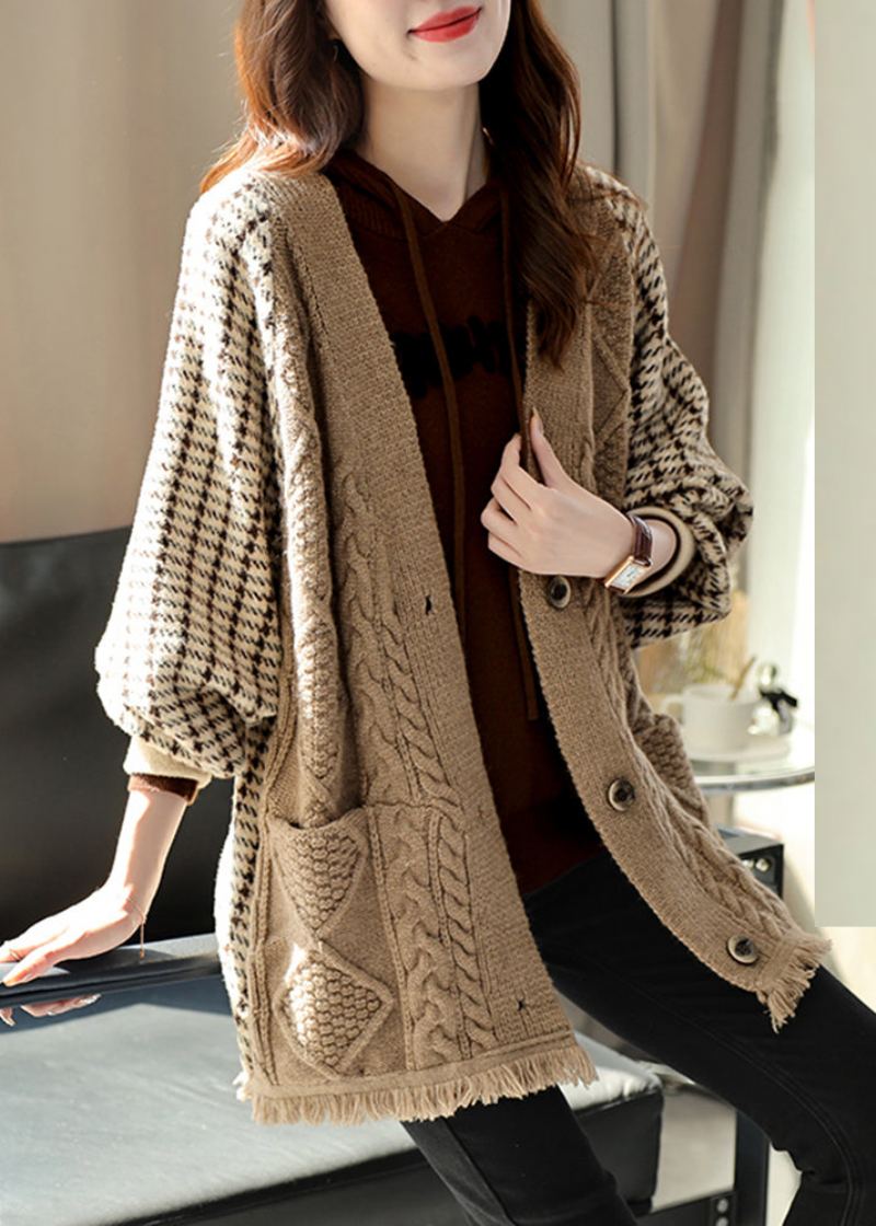 Femmes Kaki Col En V Plaid Patchwork Gland Tricot Manteaux Automne - Manteaux d'hiver femmes