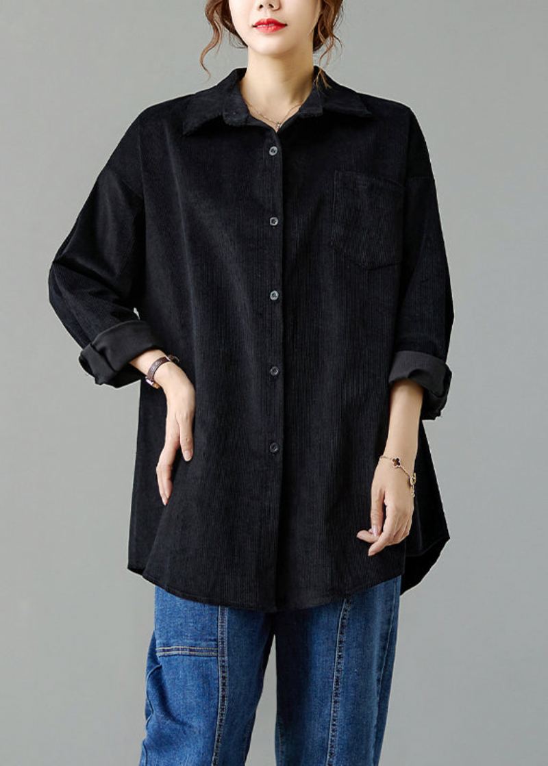 Femmes Noir Col Claudine Poches Patchwork Velours Côtelé Manteaux Automne - Manteaux d'hiver femmes