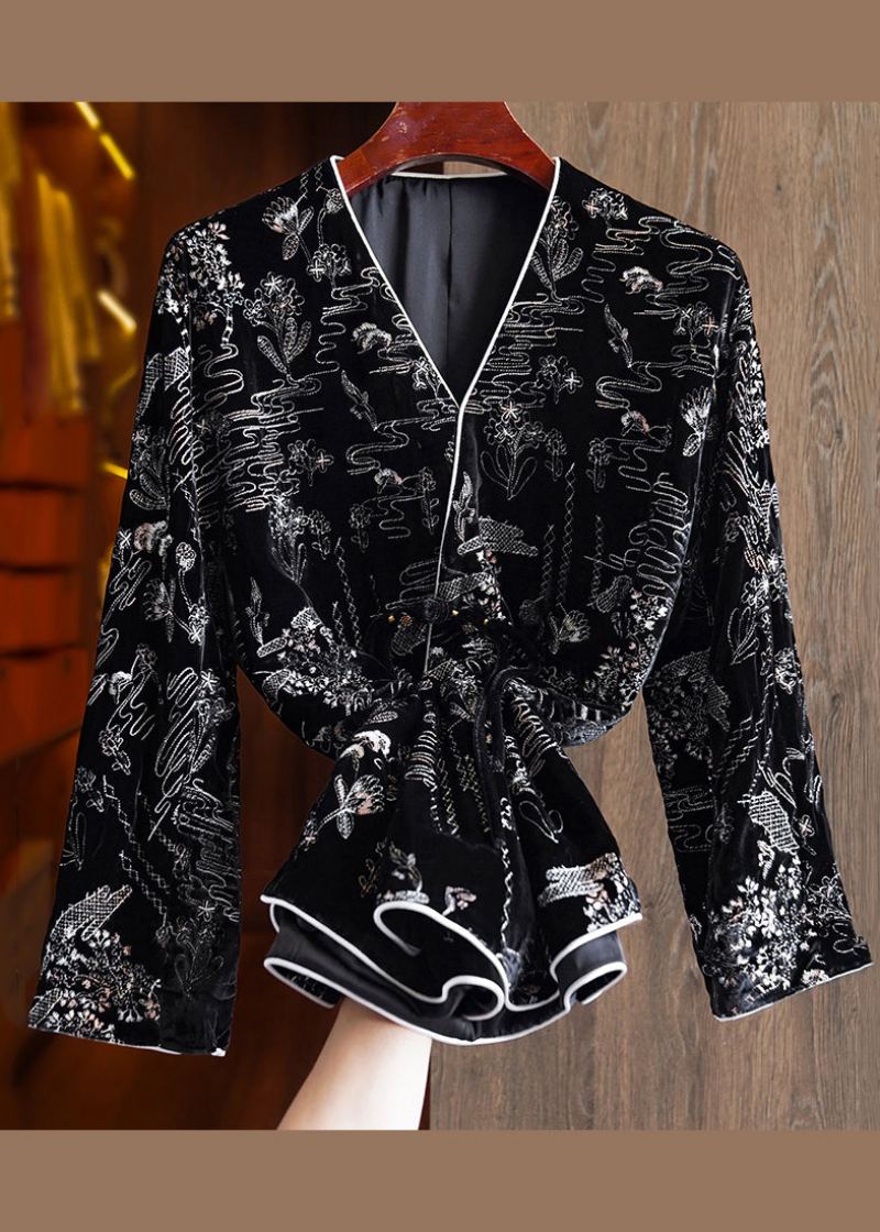 Femmes Noir Col En V Jacquard Patchwork Soie Velours Manteaux Automne - Manteaux d'hiver femmes