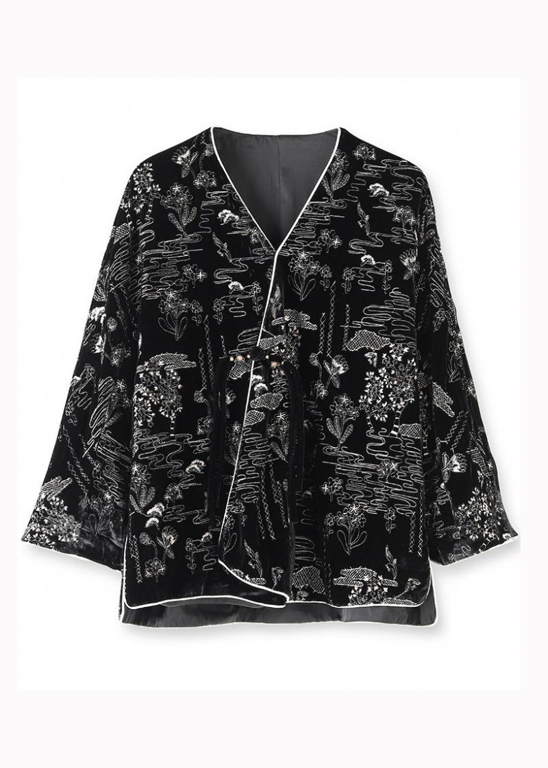 Femmes Noir Col En V Jacquard Patchwork Soie Velours Manteaux Automne - Manteaux d'hiver femmes