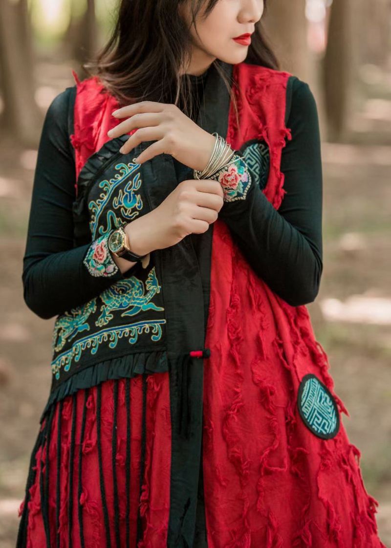 Gilet En Coton Patchwork Avec Poches À Pompons Rouges Vintage Sans Manches - Manteaux d'hiver femmes