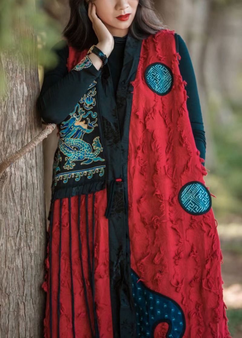 Gilet En Coton Patchwork Avec Poches À Pompons Rouges Vintage Sans Manches - Manteaux d'hiver femmes