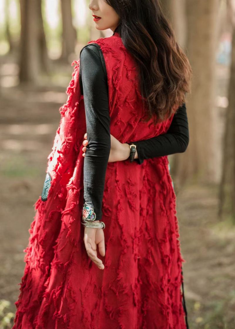 Gilet En Coton Patchwork Avec Poches À Pompons Rouges Vintage Sans Manches - Manteaux d'hiver femmes