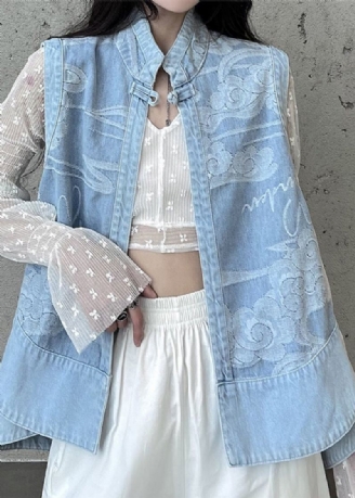 Gilet En Jean Italien Bleu Clair Col Montant Imprimé Patchwork Automne