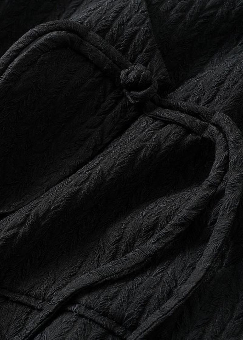 Gilet Noir En Coton Pour Femmes Col En V Boutons Chinois Sans Manches - Manteaux d'hiver femmes