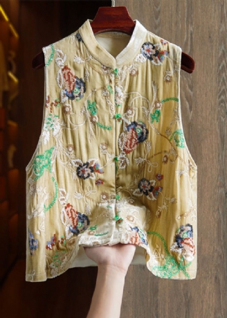 Gilet Sans Manches En Velours De Soie Bouton Brodé Jaune Vintage Patchwork