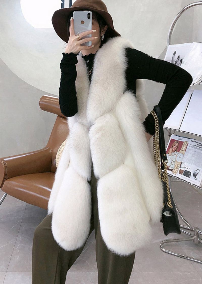 Gilet Simple En Cuir Épais Et Fourrure Blanc À Col En V Pour L'hiver - Blanc