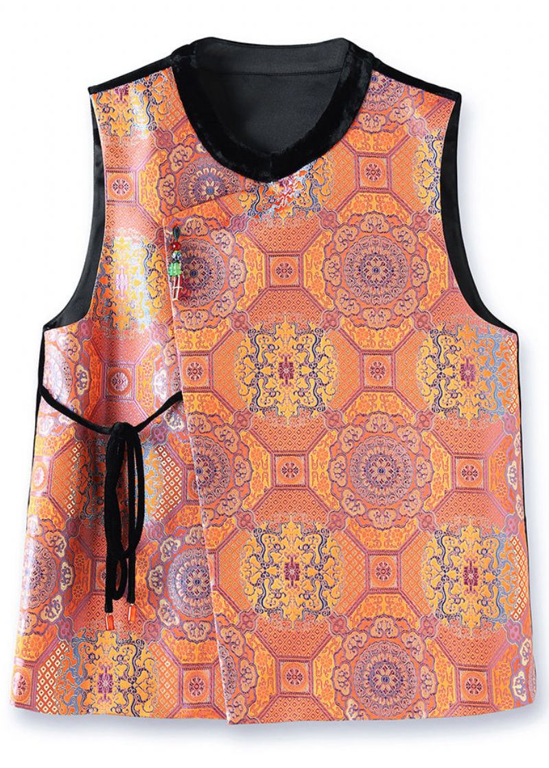 Gilet En Soie Jacquard Orange Col Rond À Lacets Patchwork Sans Manches - Manteaux d'hiver femmes