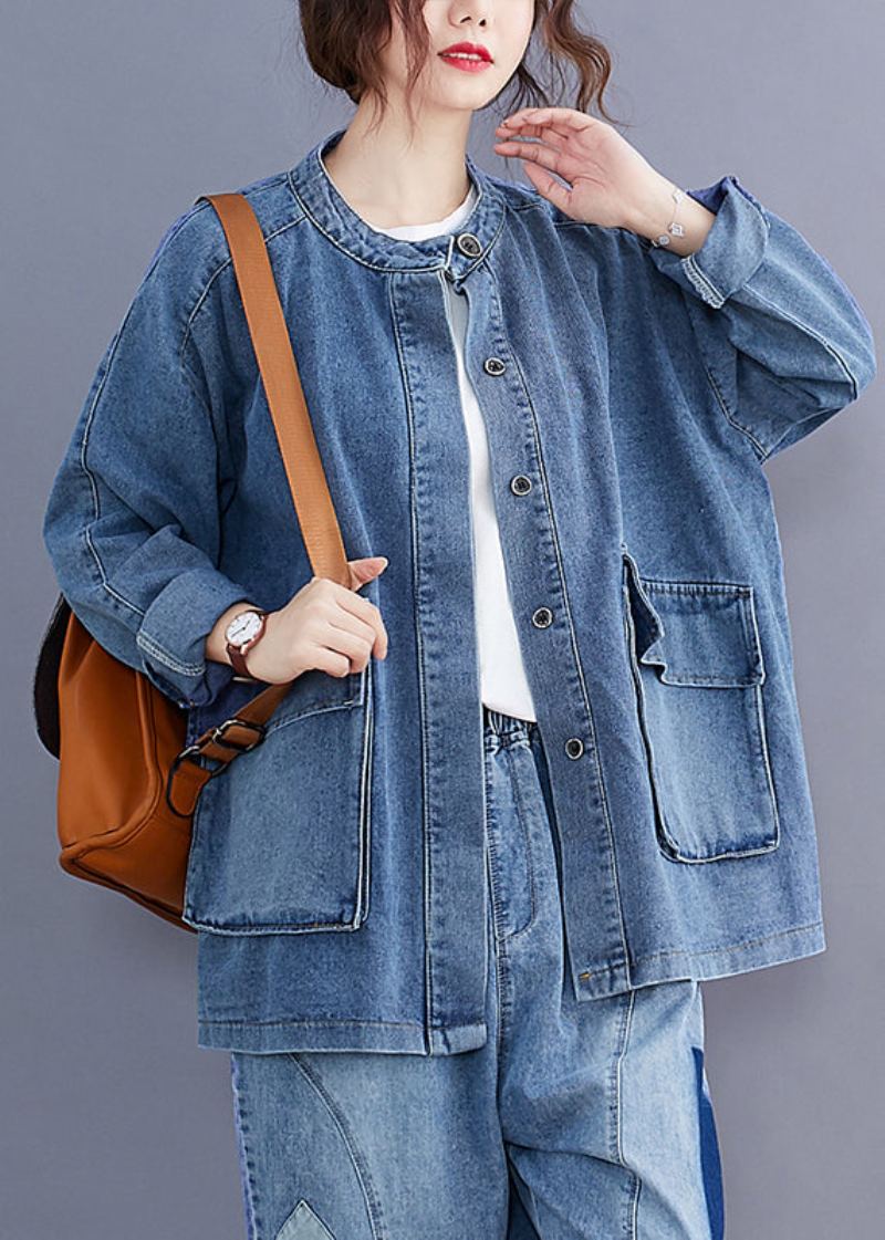 Grande Taille Bleu Col Montant Poches Patchwork Denim Manteaux Automne - Manteaux d'hiver femmes