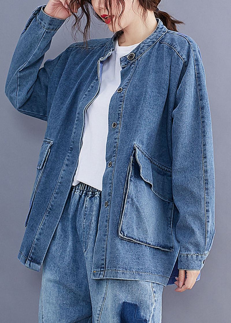 Grande Taille Bleu Col Montant Poches Patchwork Denim Manteaux Automne - Manteaux d'hiver femmes