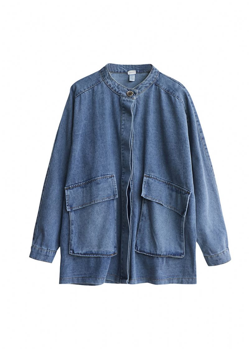 Grande Taille Bleu Col Montant Poches Patchwork Denim Manteaux Automne - Manteaux d'hiver femmes