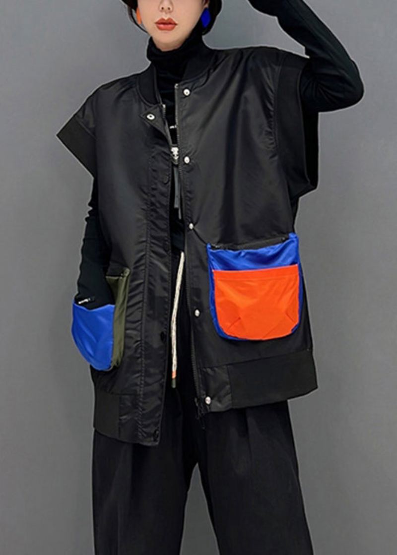 Grande Taille Noir Col Rond Fermeture Éclair Patchwork Bouton Épais Gilet Sans Manches - Manteaux d'hiver femmes