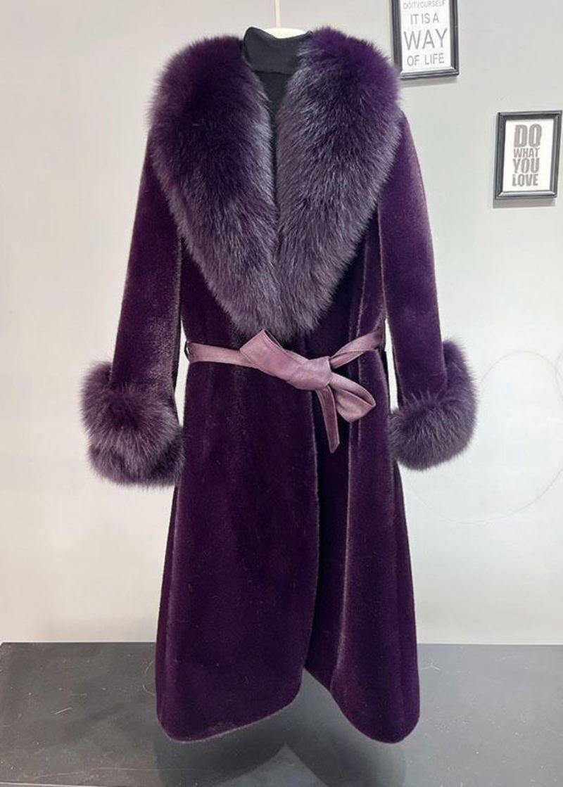 Grande Taille Violet Terne Col De Renard Cravate Vison Velours Trench Hiver