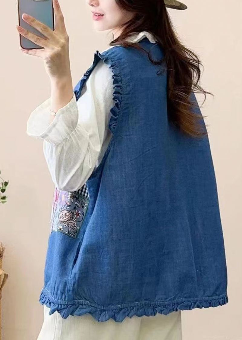 Joli Gilet Boutonné En Patchwork Brodé Bleu Marine Sans Manches - Marine