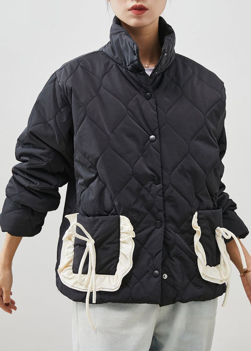 Jolie Veste Noire À Volants Avec Poches En Patchwork Remplie De Coton Fin Printemps - Manteaux d'hiver femmes