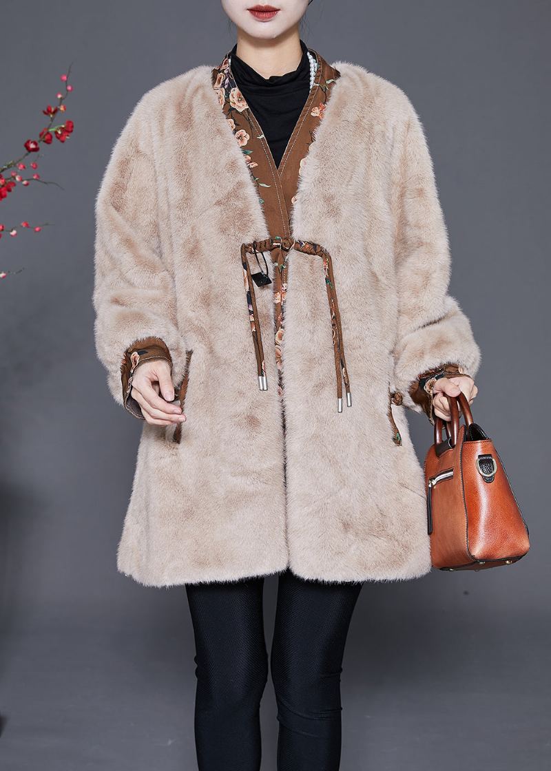 Kaki Patchwork Vison Velours Manteaux À Glands Bouton Chinois Hiver - Manteaux d'hiver femmes