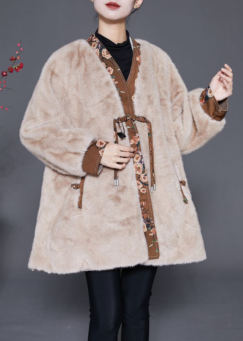 Kaki Patchwork Vison Velours Manteaux À Glands Bouton Chinois Hiver - Manteaux d'hiver femmes