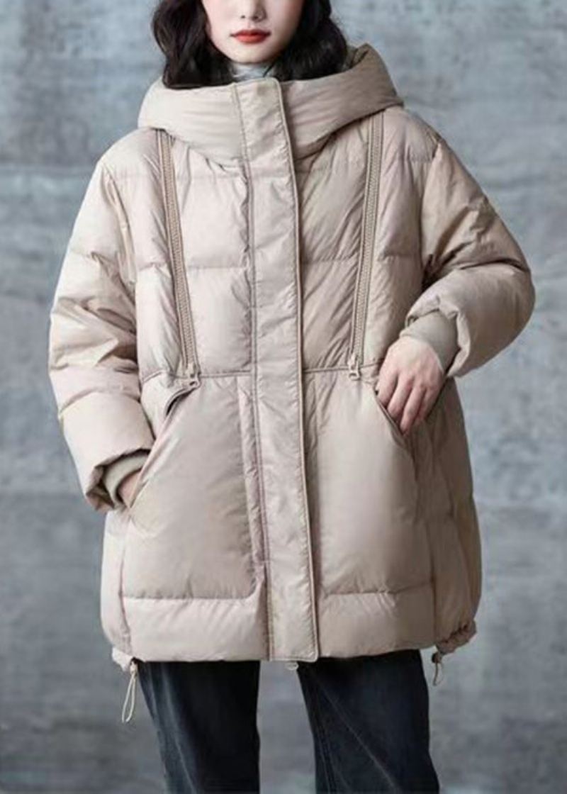 Kaki Poches Cordon Patchwork Duvet De Canard Manteau Zippé Hiver