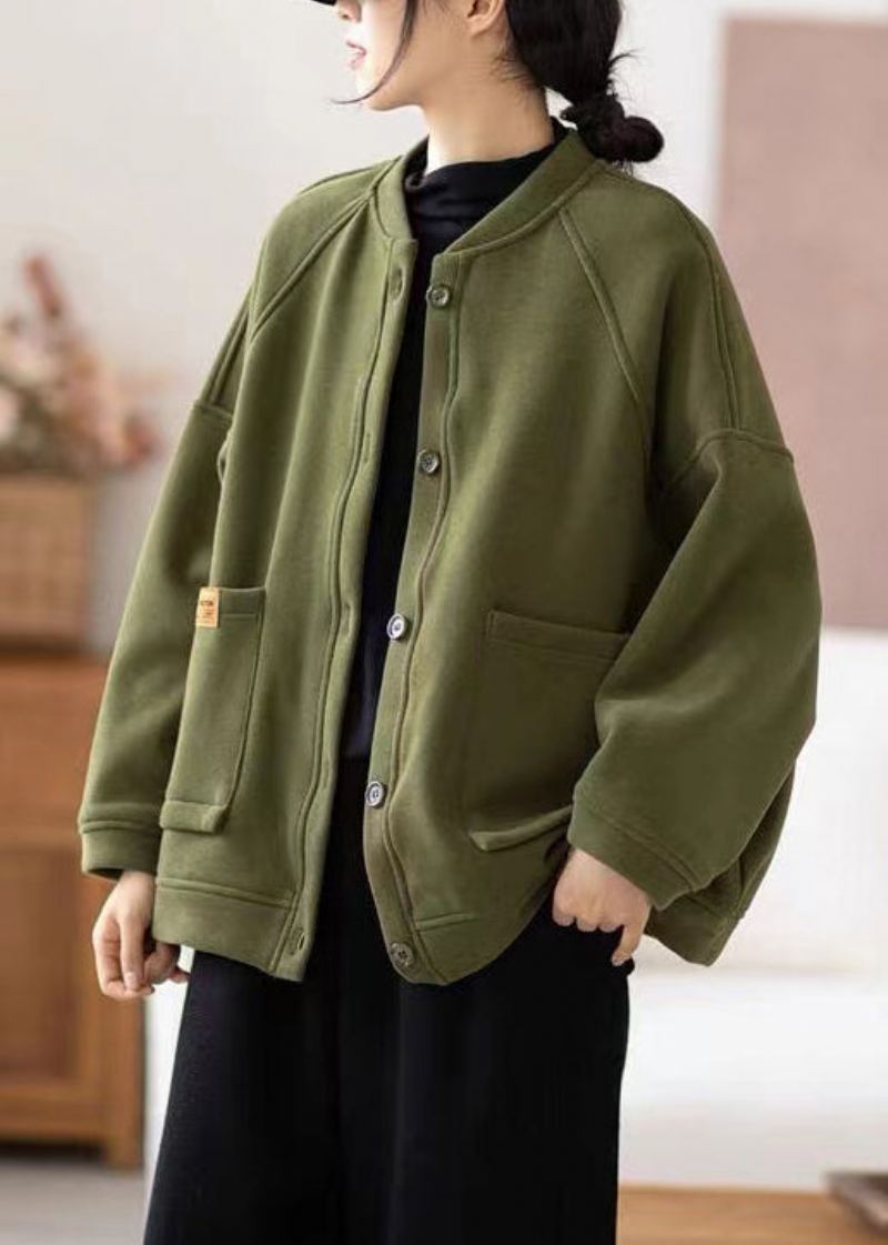 Lâche Armée Vert Bouton Poches Chaud Polaire Manteaux Automne - Manteaux d'hiver femmes