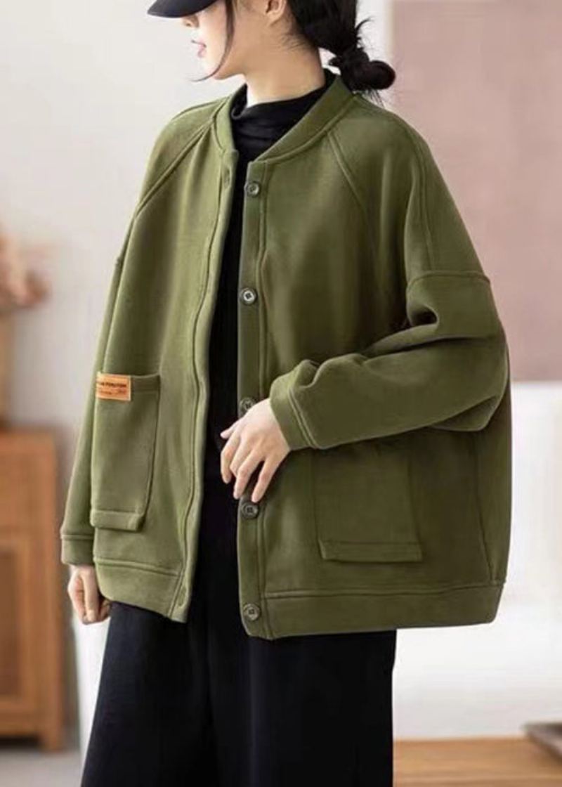 Lâche Armée Vert Bouton Poches Chaud Polaire Manteaux Automne - Manteaux d'hiver femmes