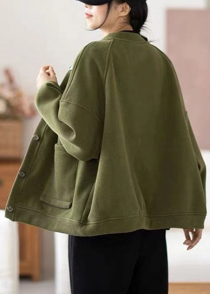 Lâche Armée Vert Bouton Poches Chaud Polaire Manteaux Automne - Manteaux d'hiver femmes