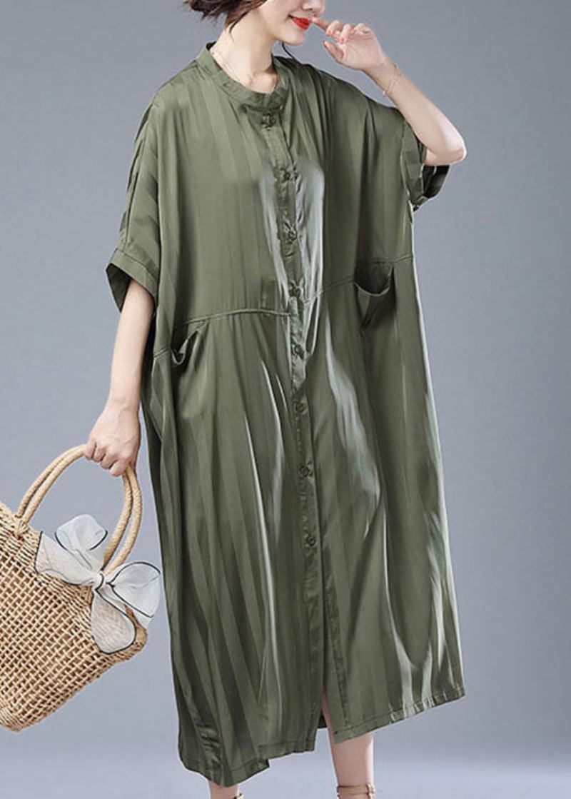 Lâche Armée Vert Rayé Poches Patchwork Long Trench Manteau Été - Manteaux d'hiver femmes