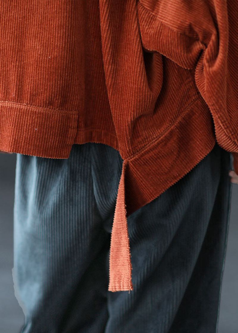 Manteau D'automne En Velours Côtelé Pour Femmes Poches Caramel Boutons Design Asymétrique - Caramel