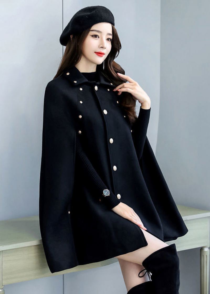 Manteau Cape En Laine Épaisse Avec Bouton Rivet Noir De Grande Taille Sans Manches - Manteaux d'hiver femmes