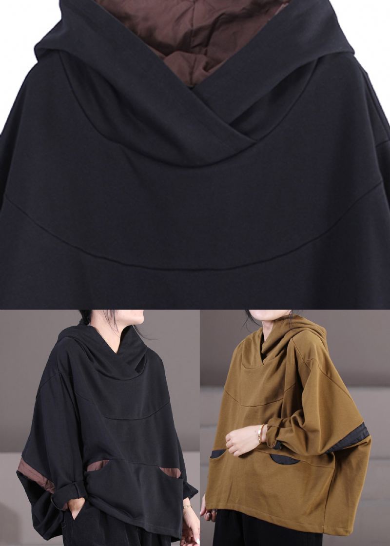 Manteau À Capuche En Coton Avec Cordon De Serrage Noir Moderne À Manches Longues - Noir