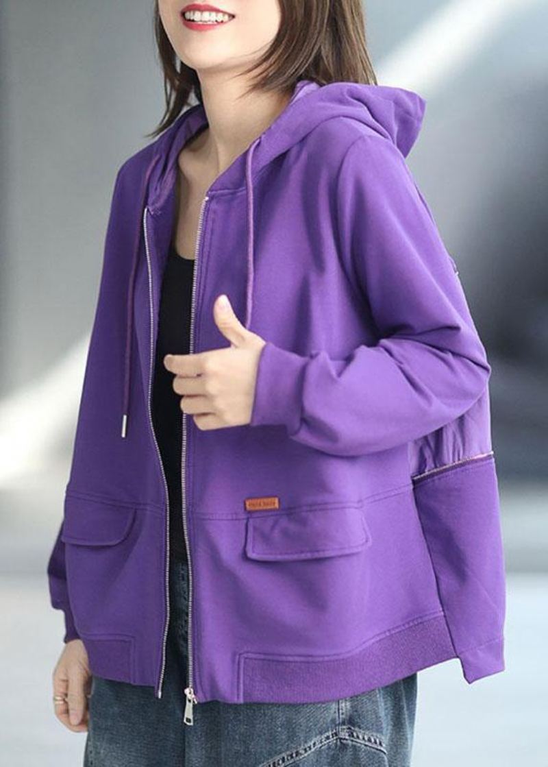 Manteau À Capuche À Manches Longues Et Poches Zippées Amples Art Purple