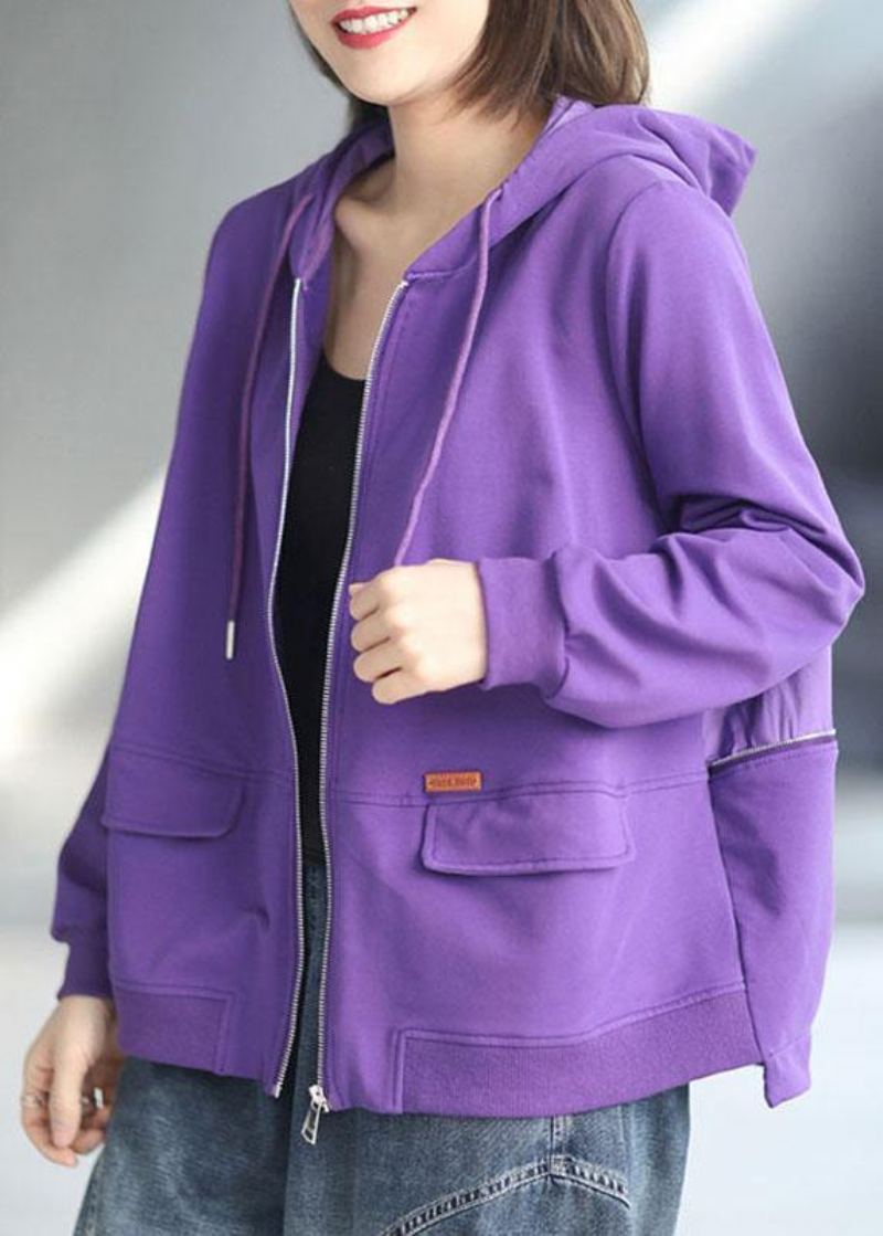 Manteau À Capuche À Manches Longues Et Poches Zippées Amples Art Purple - Manteaux d'hiver femmes