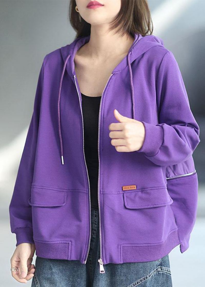 Manteau À Capuche À Manches Longues Et Poches Zippées Amples Art Purple - Manteaux d'hiver femmes