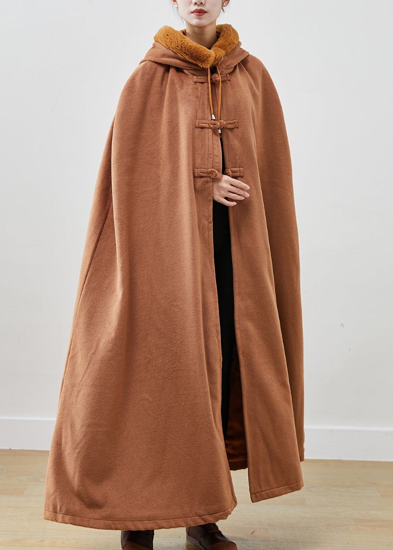 Manteau À Capuche En Polaire Chaud Surdimensionné Avec Col En Fourrure Kaki Français Manches Cape - Manteaux d'hiver femmes