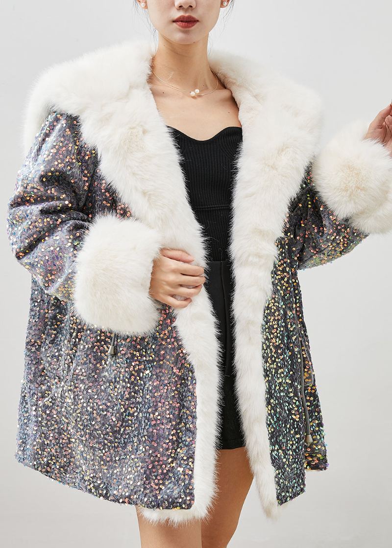 Manteau À Capuche En Velours Fausse Fourrure Chaud À Paillettes Grises De Grande Taille Pour L'hiver - Manteaux d'hiver femmes