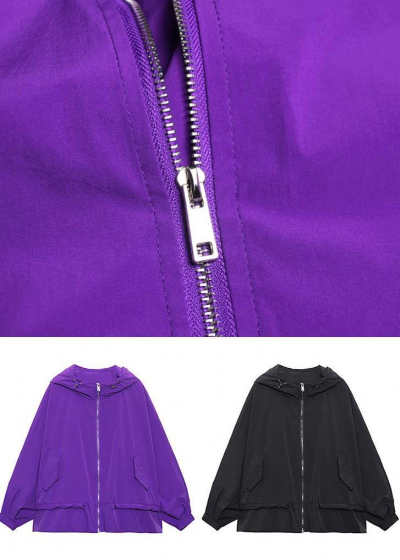 Manteau À Capuche Zippé Avec Lettre En Coton Violet Unique Printemps - Noir
