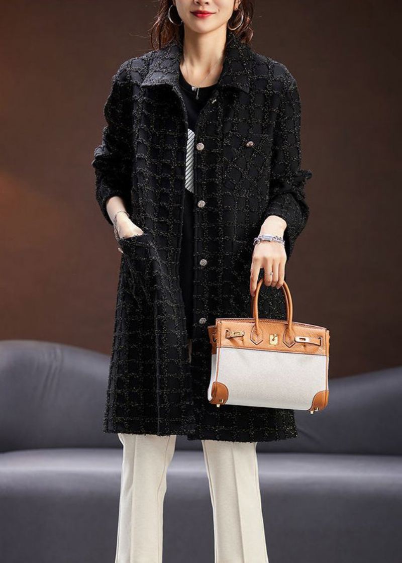 Manteau En Coton À Carreaux Noirs Français Avec Poches Boutonnées Printemps - Manteaux d'hiver femmes