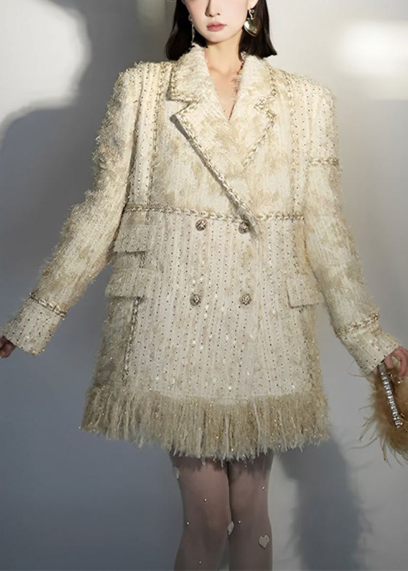 Manteau En Coton Patchwork À Franges Et Col Claudine Beige Chic À Manches Longues - Manteaux d'hiver femmes