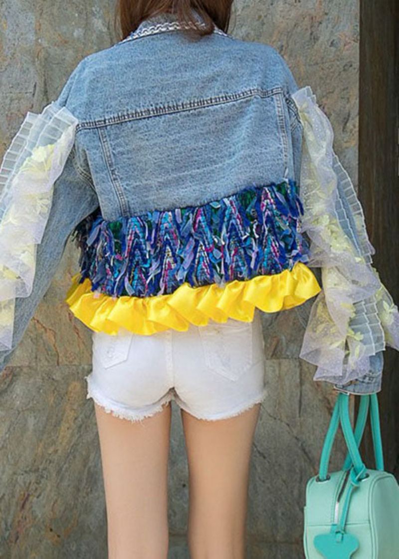 Manteau Court En Denim Bleu Avec Poches À Volants Décoration Florale Patchwork Printemps - Manteaux d'hiver femmes