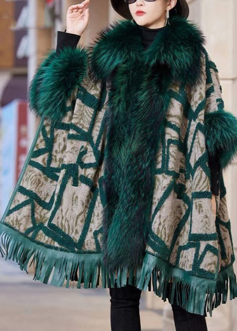 Manteau En Cuir Et Fourrure Avec Poches À Col De Renard Vert Et Manches Longues De Grande Taille