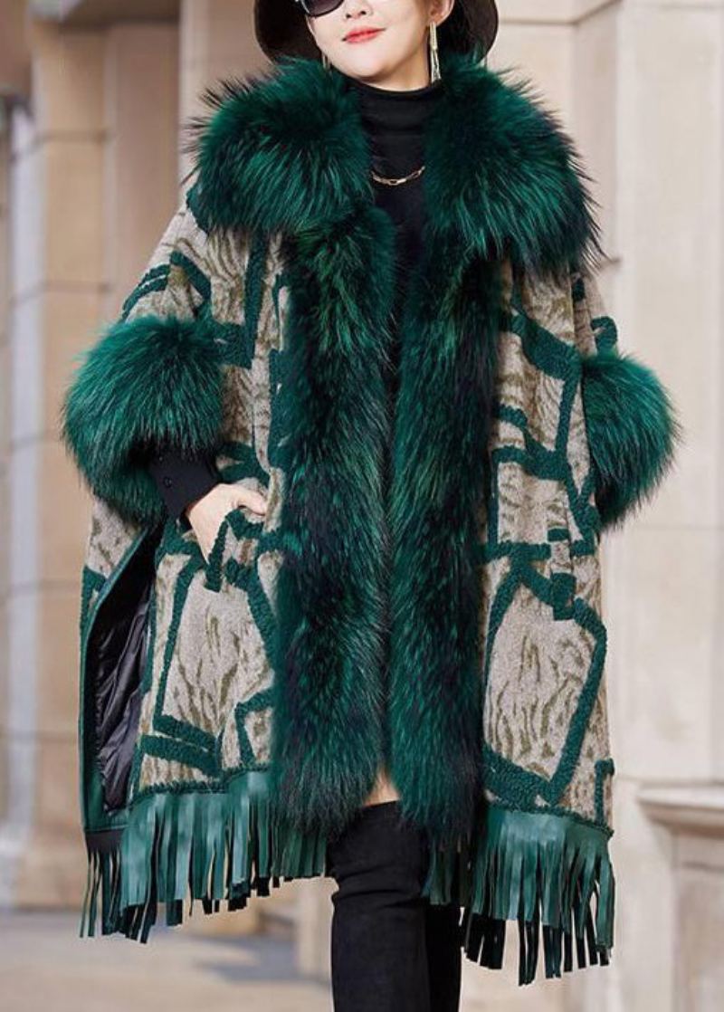 Manteau En Cuir Et Fourrure Avec Poches À Col De Renard Vert Et Manches Longues De Grande Taille - Manteaux d'hiver femmes