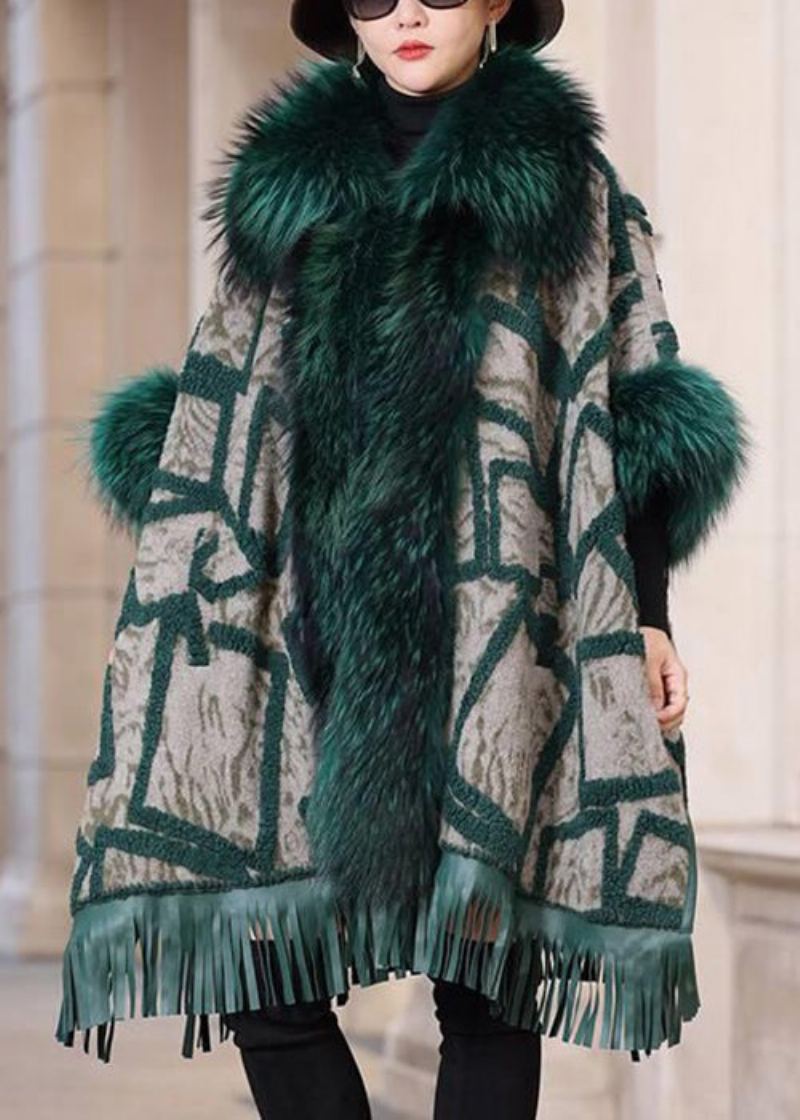 Manteau En Cuir Et Fourrure Avec Poches À Col De Renard Vert Et Manches Longues De Grande Taille - Manteaux d'hiver femmes