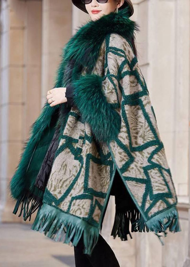 Manteau En Cuir Et Fourrure Avec Poches À Col De Renard Vert Et Manches Longues De Grande Taille - Manteaux d'hiver femmes