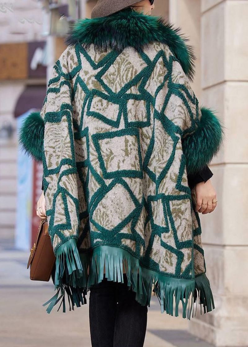Manteau En Cuir Et Fourrure Avec Poches À Col De Renard Vert Et Manches Longues De Grande Taille - Manteaux d'hiver femmes