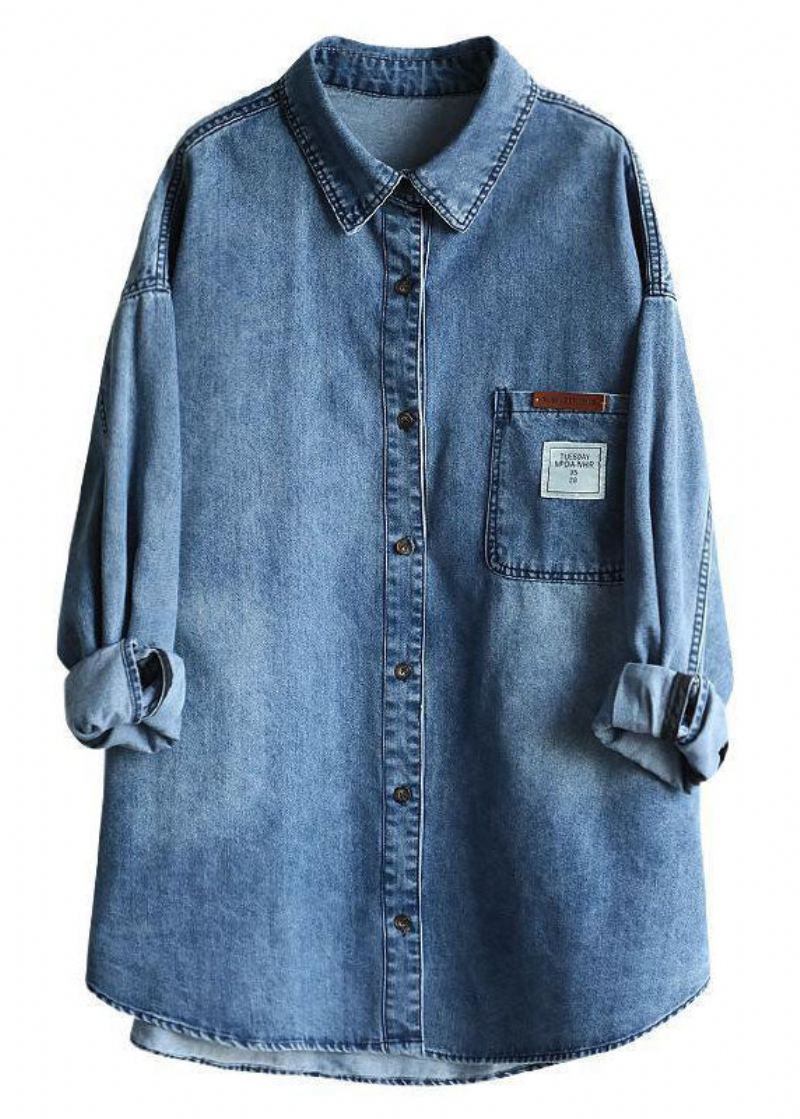 Manteau Décontracté En Denim De Coton Avec Des Appliques Surdimensionnées À Col Peter Pan Bleu Printemps - Manteaux d'hiver femmes