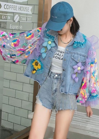 Manteau En Denim Bleu Italien En Tulle À Volants Et Paillettes Décoration Florale Patchwork Printemps
