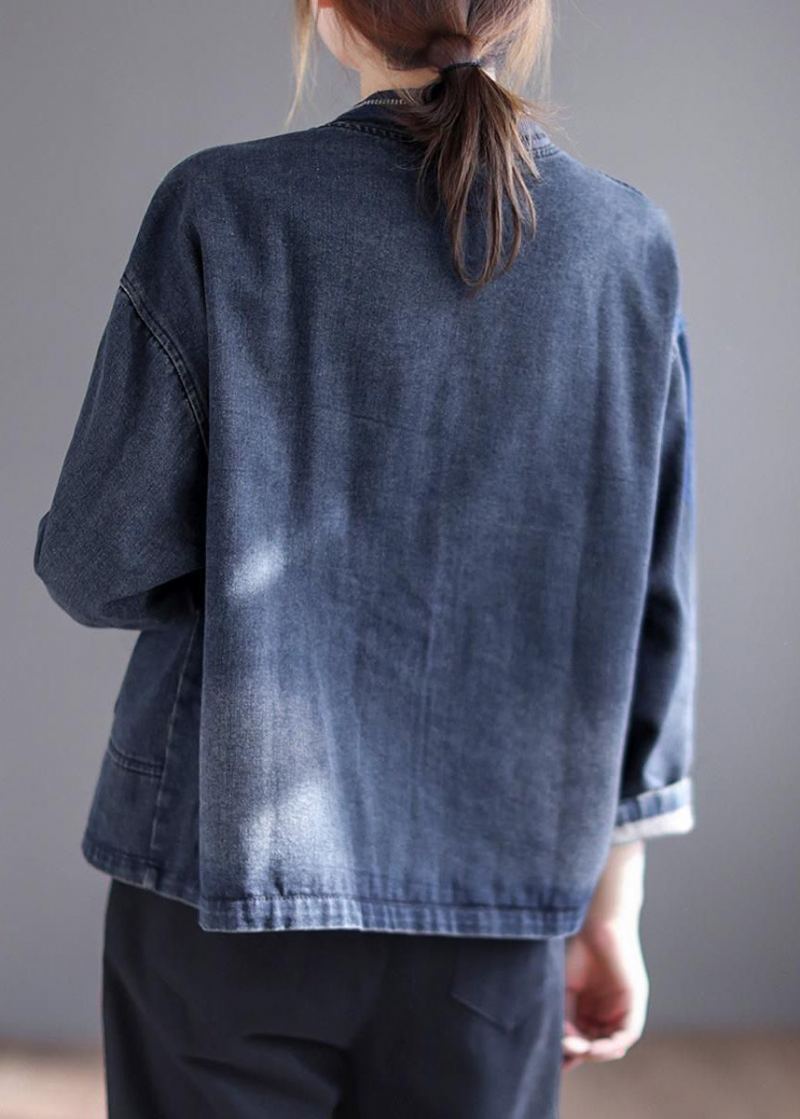 Manteau En Denim Boutonné Bleu Ample À Col En V Et Manches Longues - Manteaux d'hiver femmes