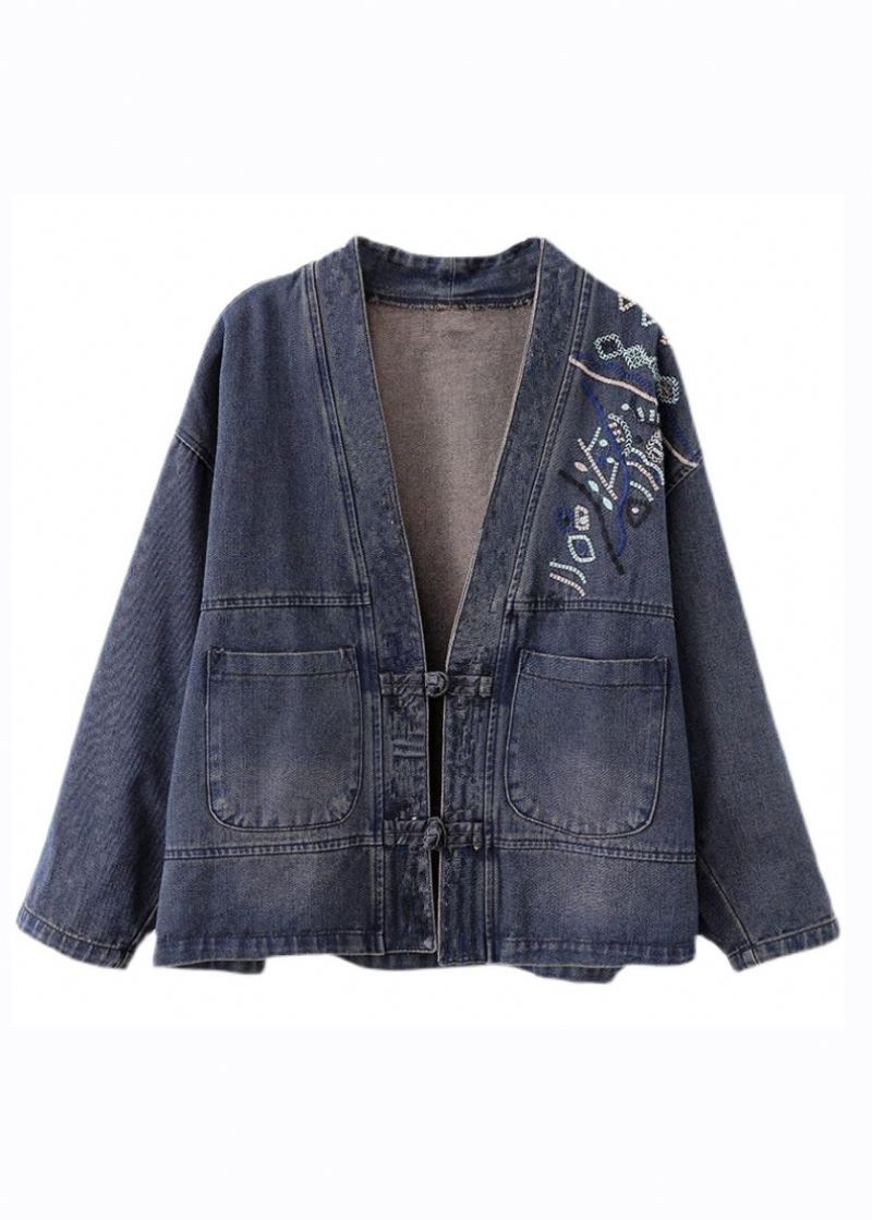 Manteau En Denim Boutonné Bleu Ample À Col En V Et Manches Longues - Manteaux d'hiver femmes